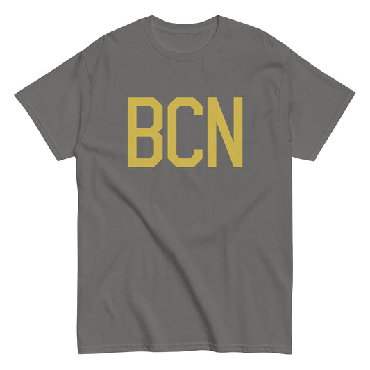 BCN Barcelona Men's T-Shirt • Air Force Lettering in Old Gold • YHM Designs - Image 01