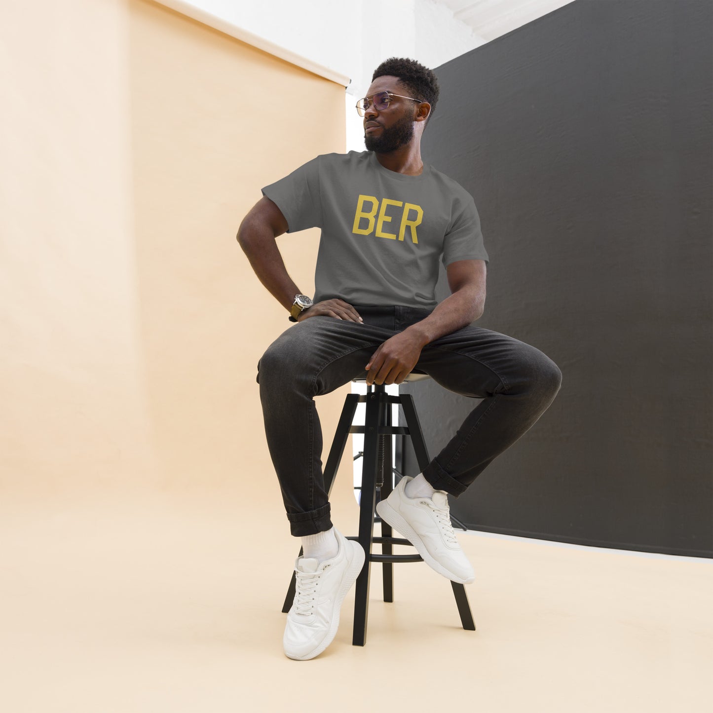 BER Berlin Men's T-Shirt • Air Force Lettering in Old Gold • YHM Designs - Image 04