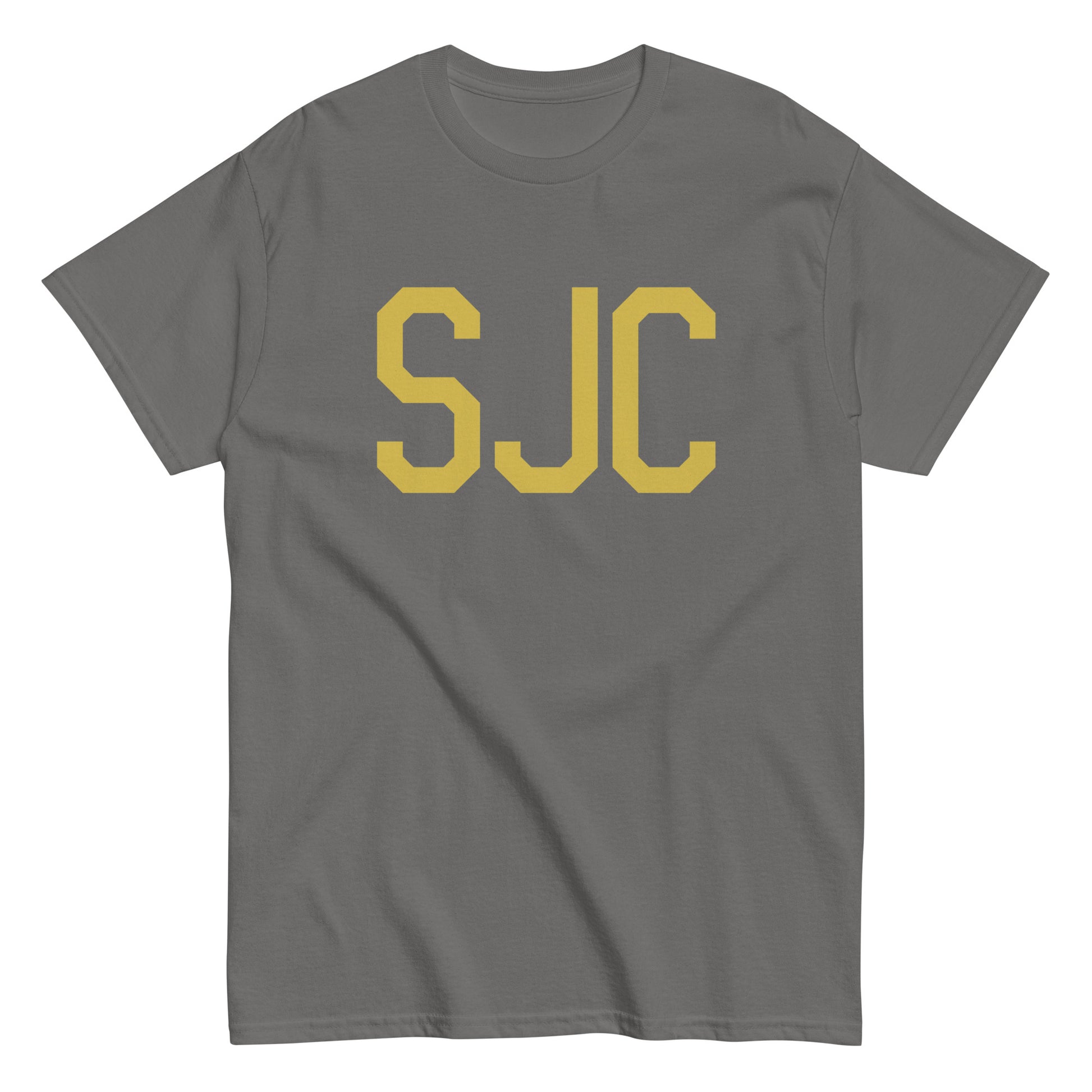 SJC San Jose Men's T-Shirt • Air Force Lettering in Old Gold • YHM Designs - Image 01