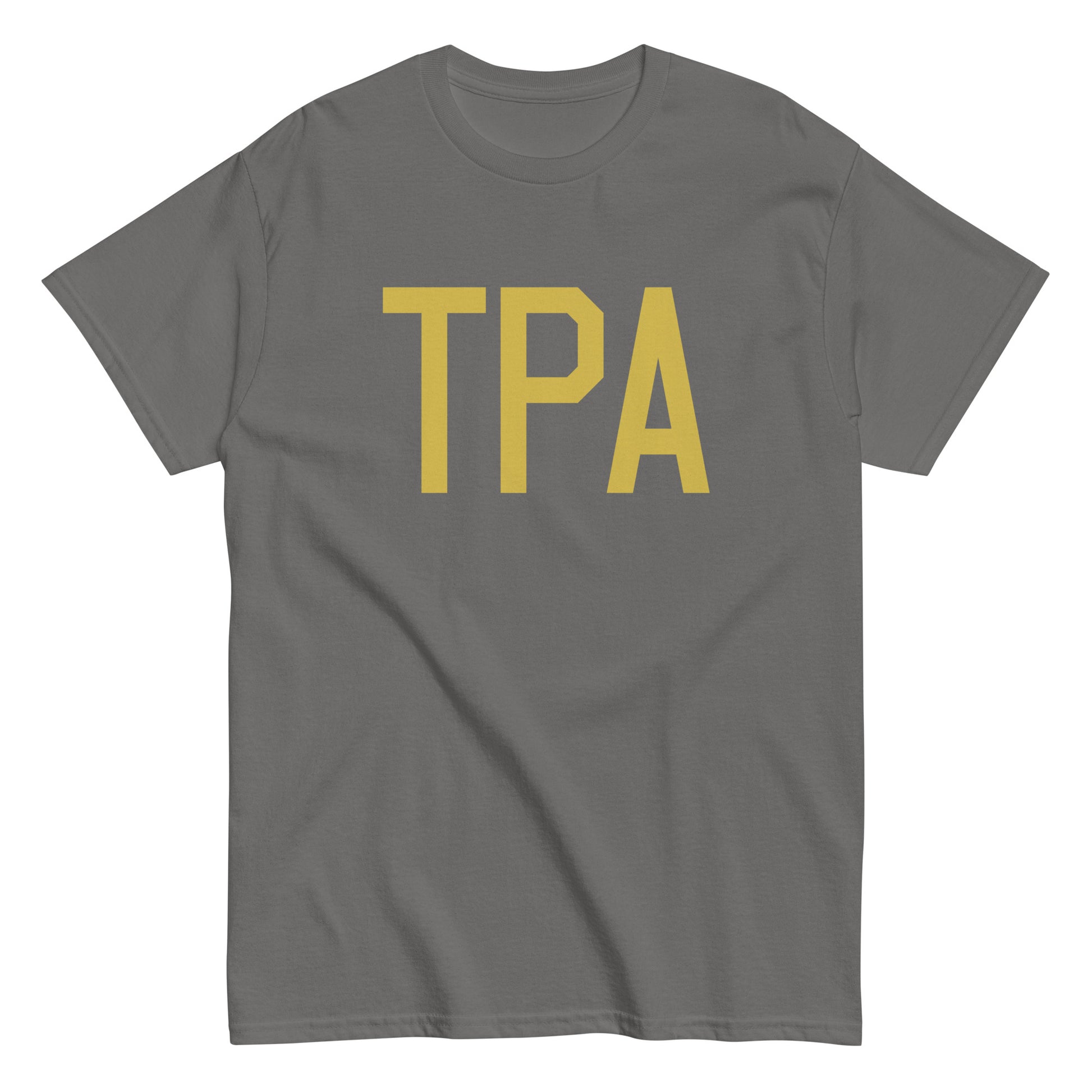 TPA Tampa Men's T-Shirt • Air Force Lettering in Old Gold • YHM Designs - Image 01