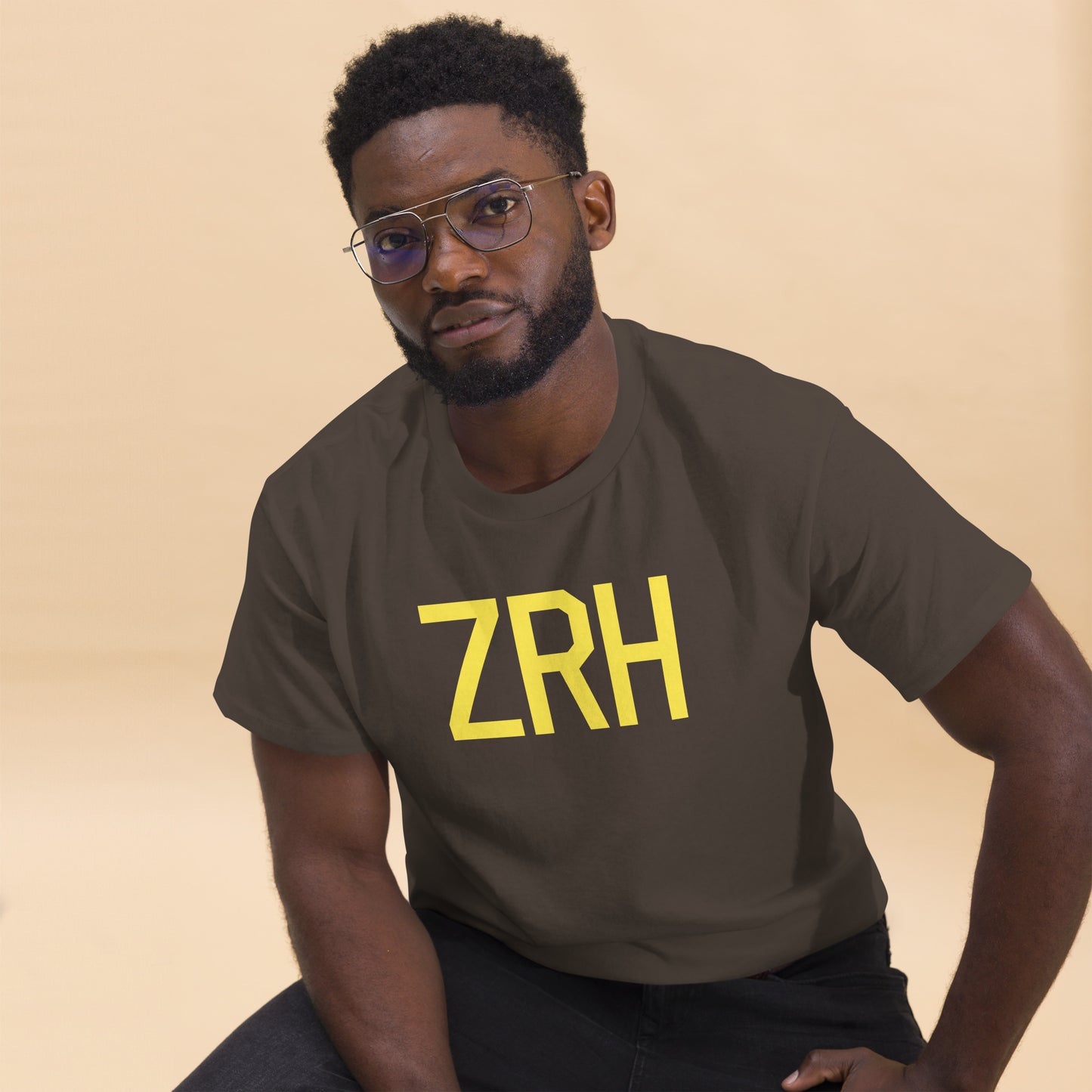 ZRH Zurich Men's T-Shirt • Air Force Lettering in Yellow • YHM Designs - Image 03