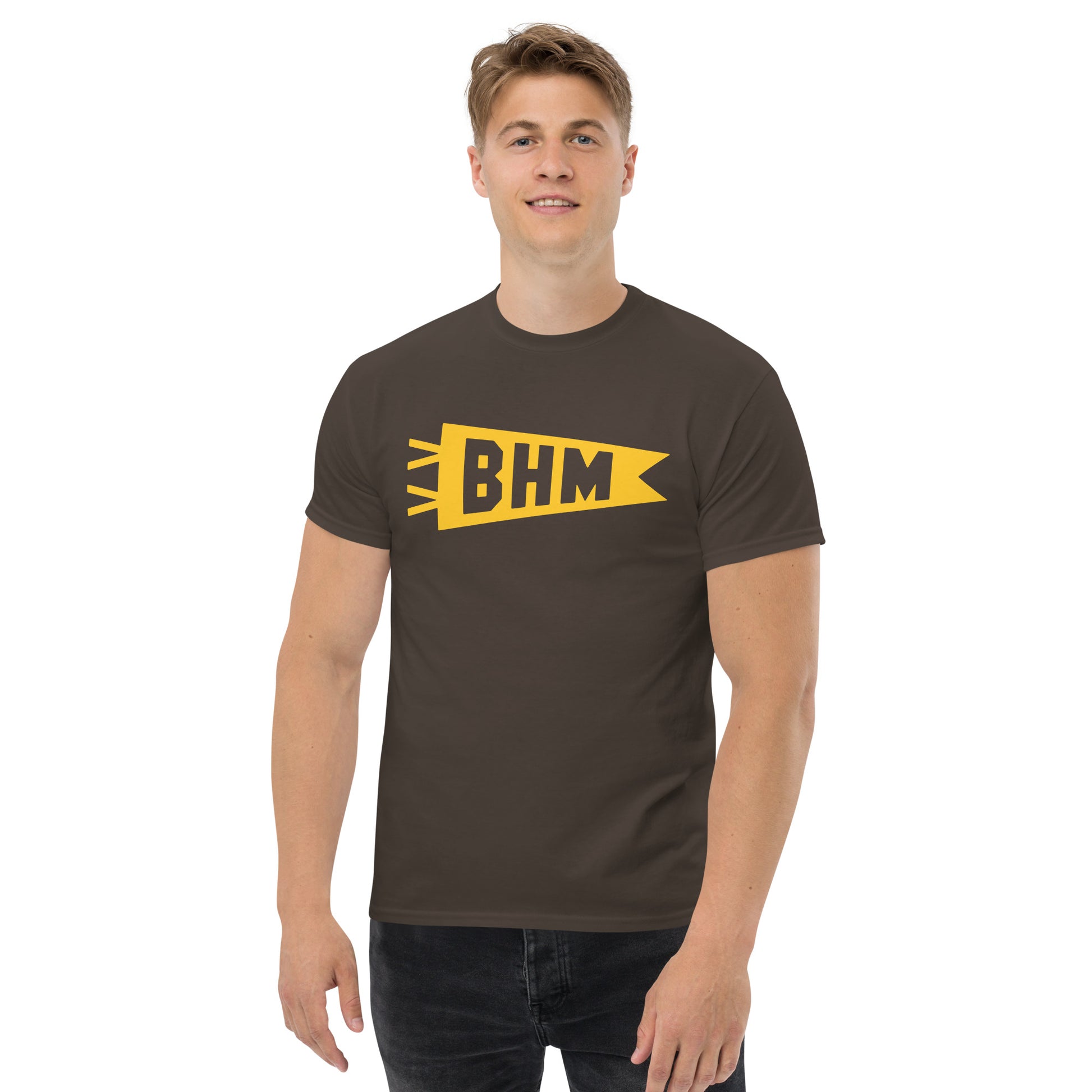 Airport Code Men's T-Shirt - Yellow Graphic • BHM Birmingham • YHM Designs - Image 03