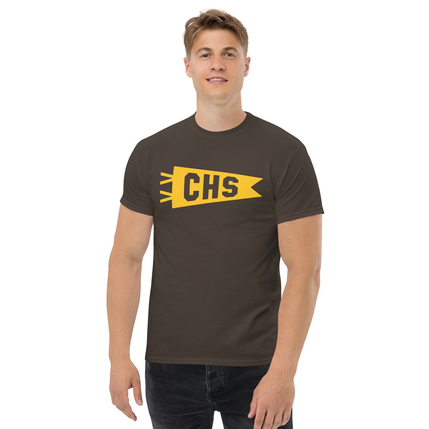 Airport Code Men's T-Shirt - Yellow Graphic • CHS Charleston • YHM Designs - Image 03