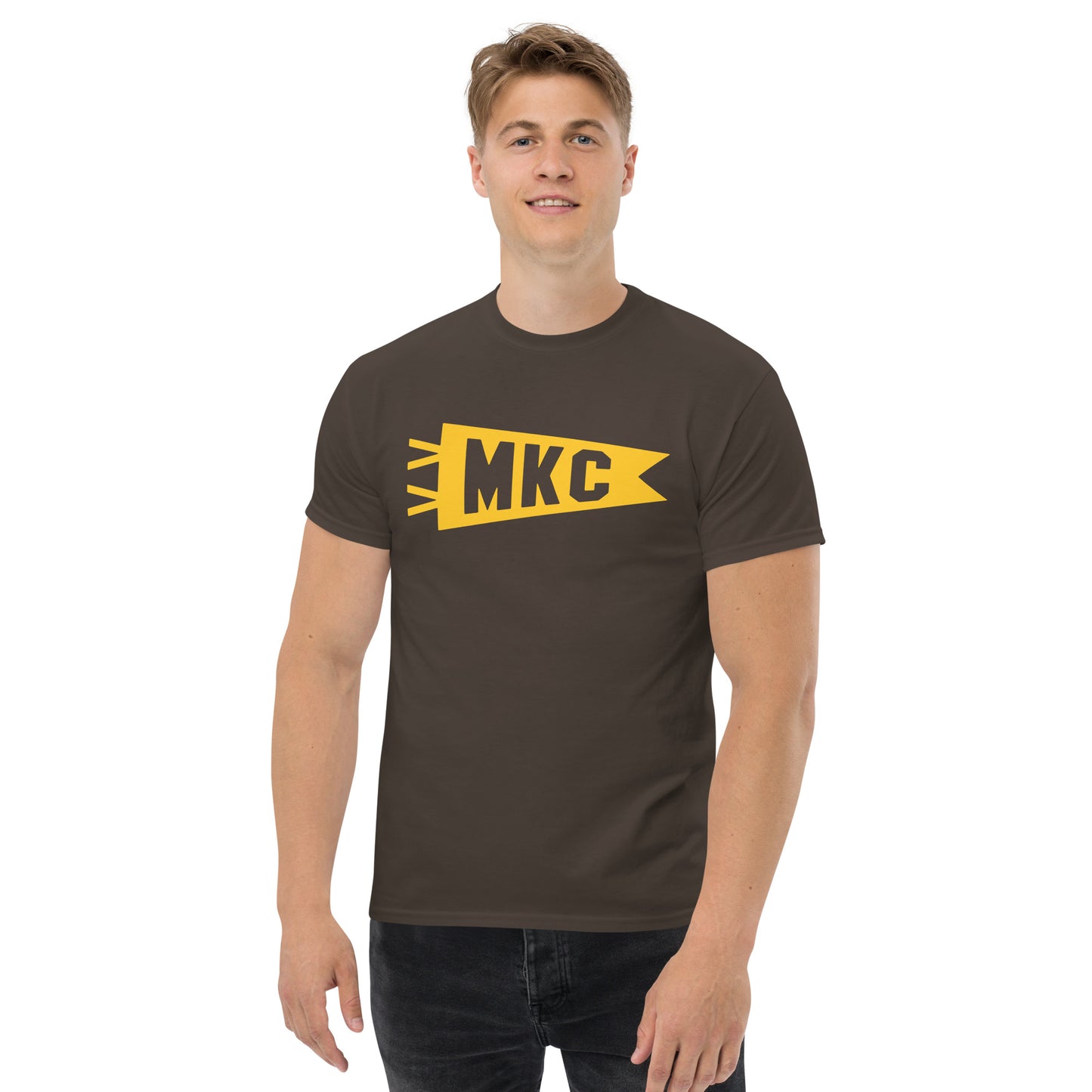 Airport Code Men's T-Shirt - Yellow Graphic • MKC Kansas City • YHM Designs - Image 03