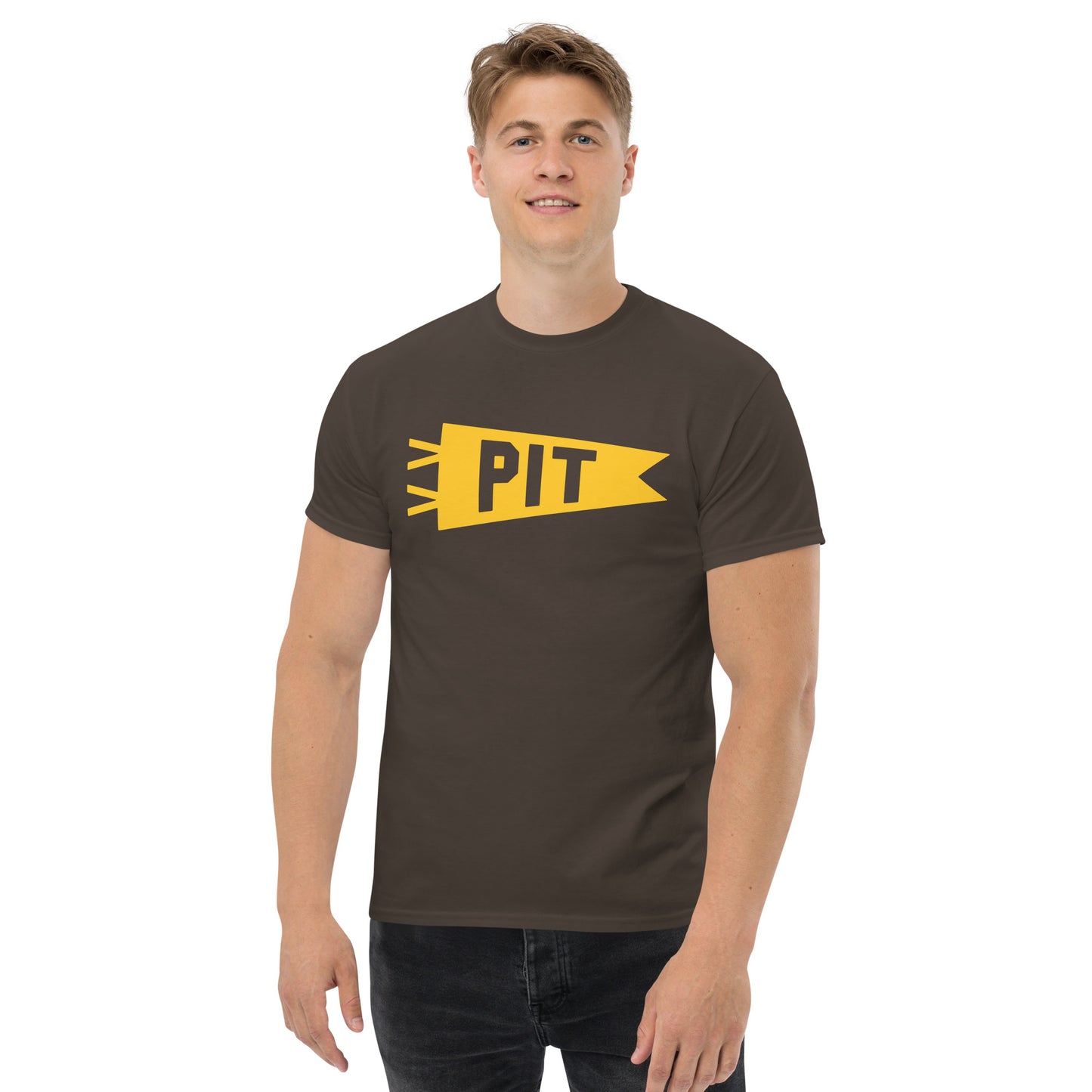 Airport Code Men's T-Shirt - Yellow Graphic • PIT Pittsburgh • YHM Designs - Image 03