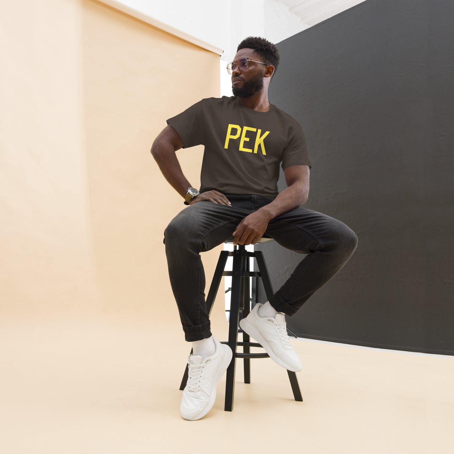 PEK Beijing Men's T-Shirt • Air Force Lettering in Yellow • YHM Designs - Image 04