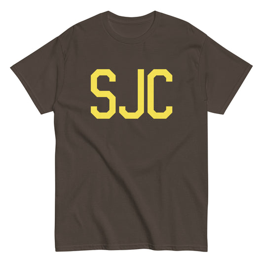 SJC San Jose Men's T-Shirt • Air Force Lettering in Yellow • YHM Designs - Image 01