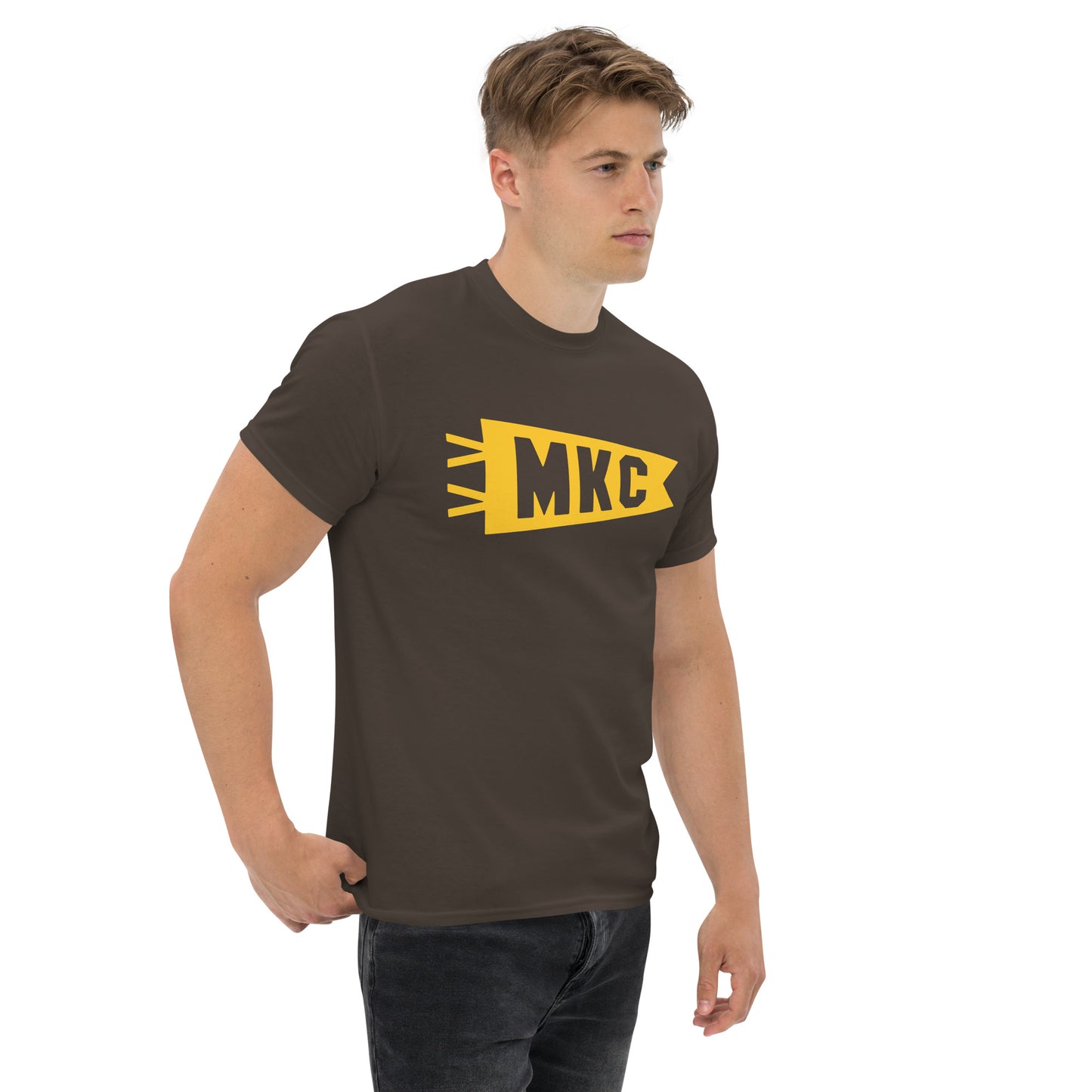 Airport Code Men's T-Shirt - Yellow Graphic • MKC Kansas City • YHM Designs - Image 06