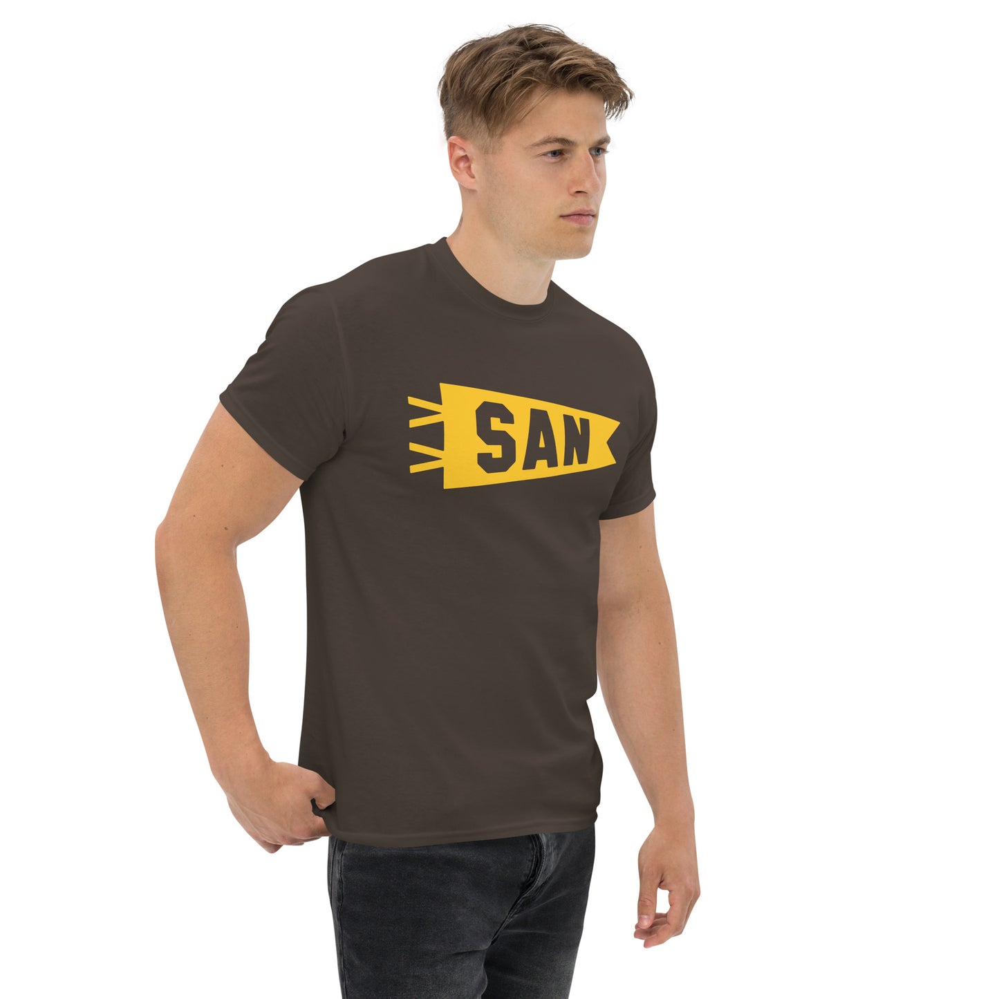 Airport Code Men's T-Shirt - Yellow Graphic • SAN San Diego • YHM Designs - Image 06