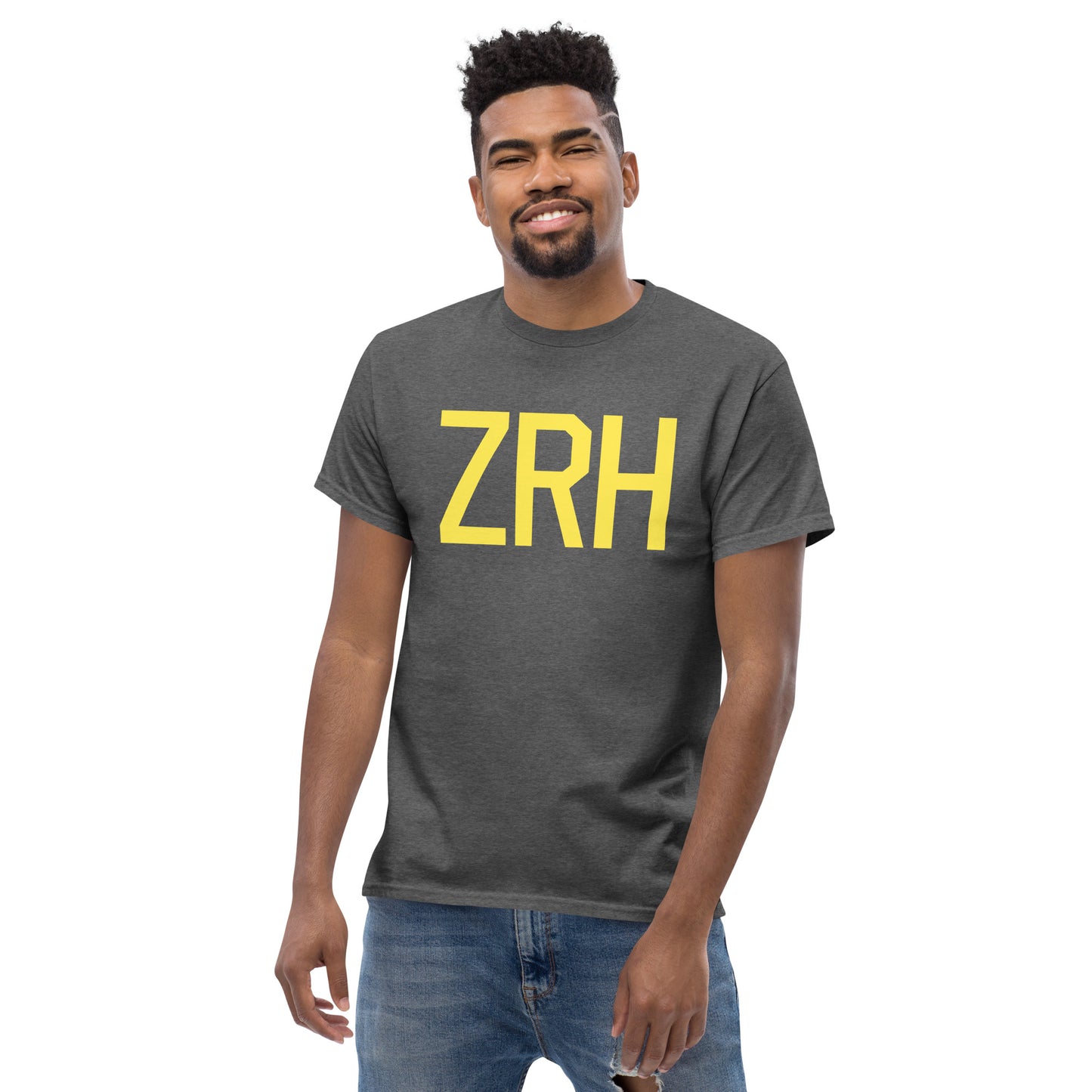 ZRH Zurich Men's T-Shirt • Air Force Lettering in Yellow • YHM Designs - Image 06