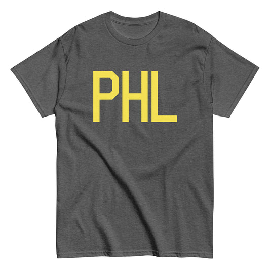 PHL Philadelphia Men's T-Shirt • Air Force Lettering in Yellow • YHM Designs - Image 02