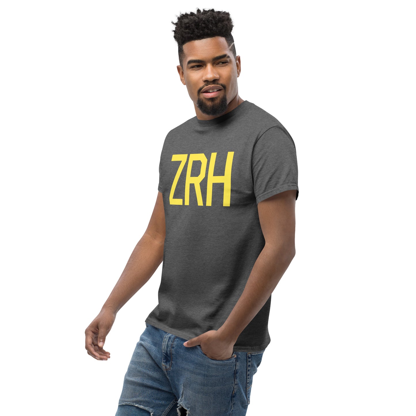 ZRH Zurich Men's T-Shirt • Air Force Lettering in Yellow • YHM Designs - Image 07