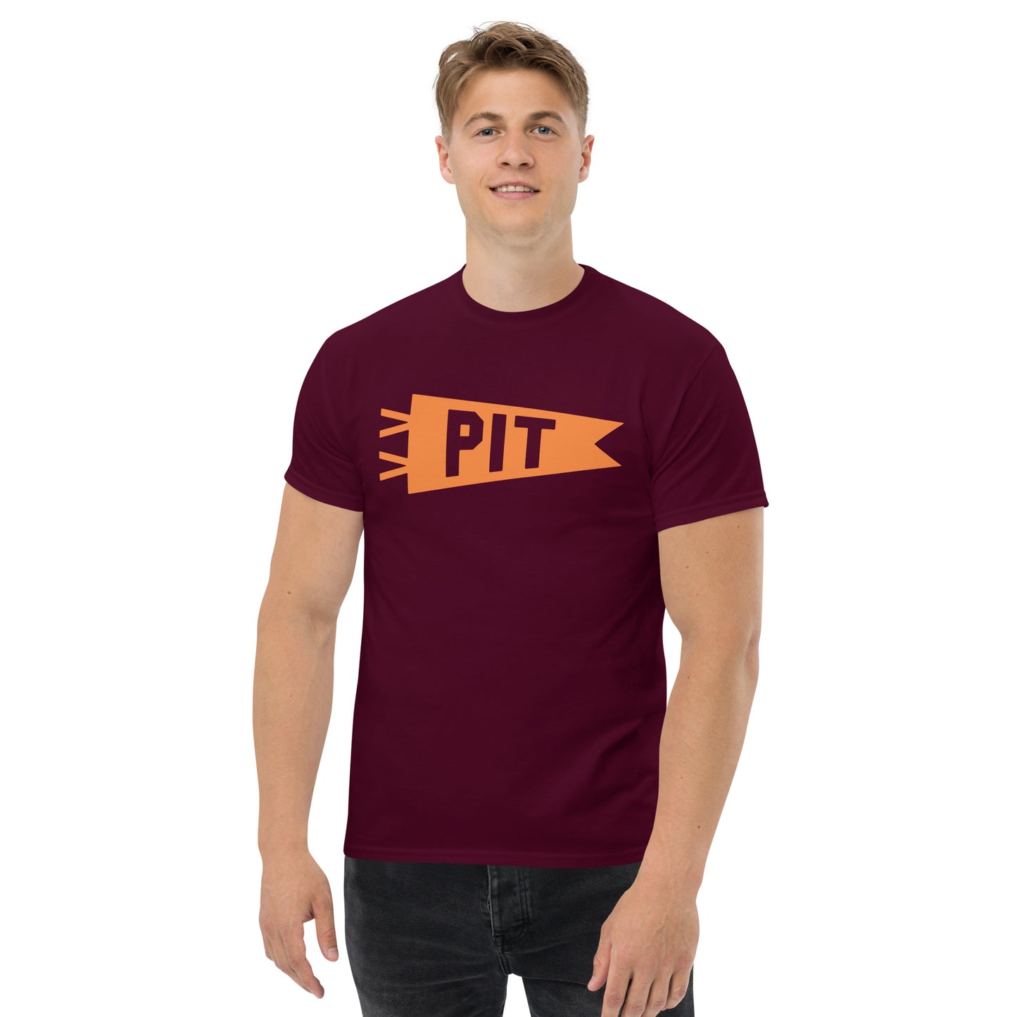 Airport Code Men's T-Shirt - Orange Graphic • PIT Pittsburgh • YHM Designs - Image 03