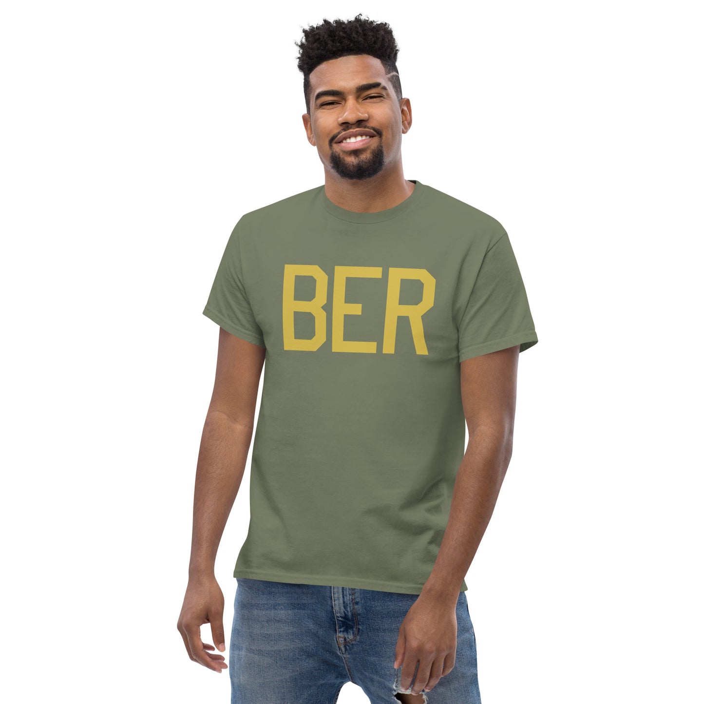 BER Berlin Men's T-Shirt • Air Force Lettering in Old Gold • YHM Designs - Image 07