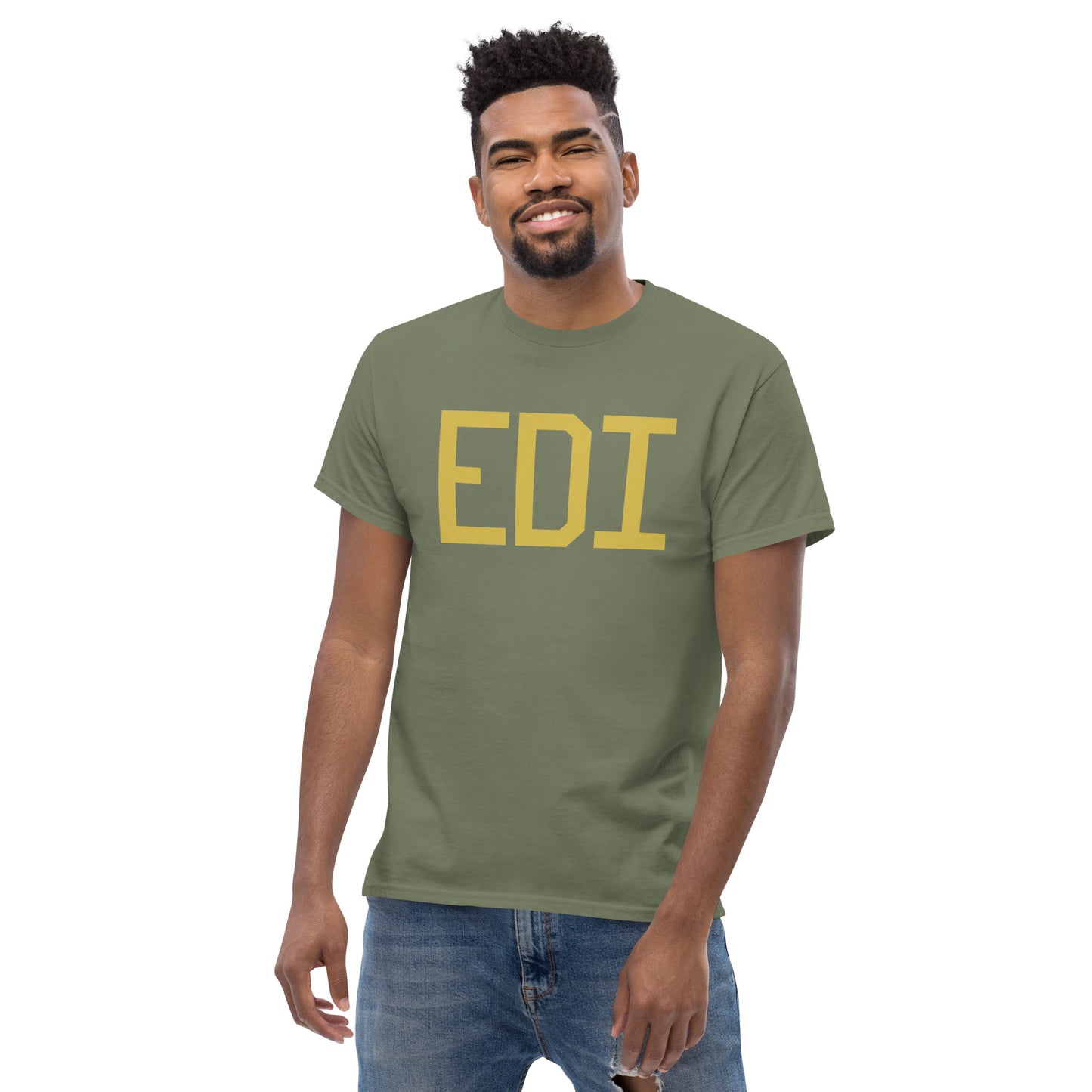 EDI Edinburgh Men's T-Shirt • Air Force Lettering in Old Gold • YHM Designs - Image 06