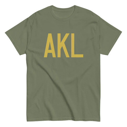 AKL Auckland Men's T-Shirt • Air Force Lettering in Old Gold • YHM Designs - Image 02