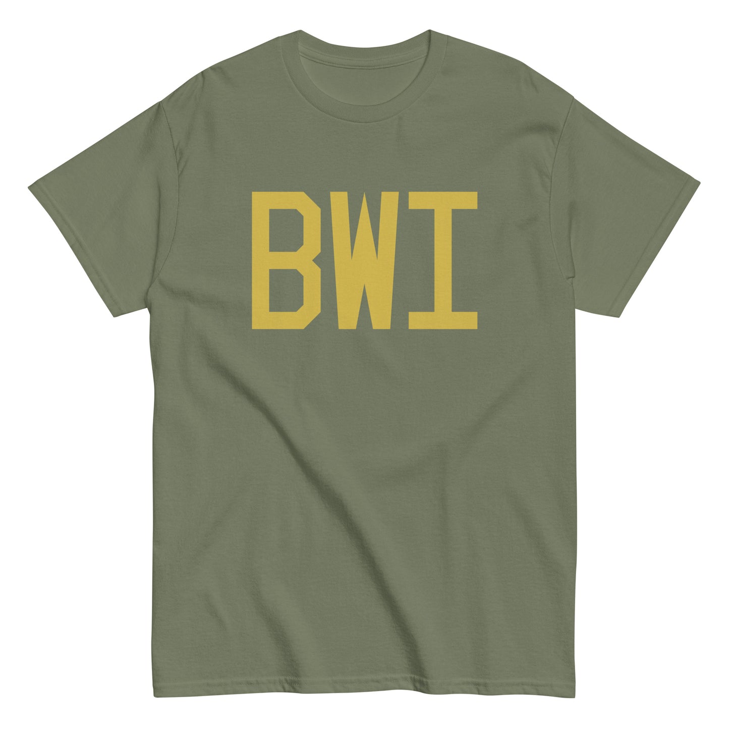 BWI Baltimore Men's T-Shirt • Air Force Lettering in Old Gold • YHM Designs - Image 02