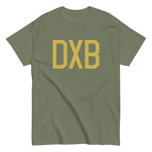 DXB Dubai Men's T-Shirt • Air Force Lettering in Old Gold • YHM Designs - Image 02