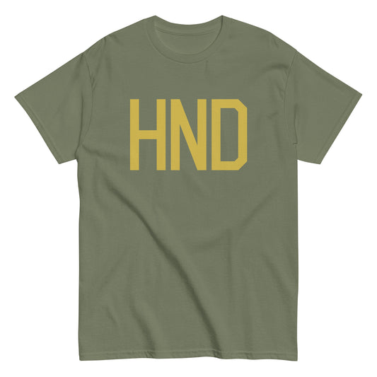HND Tokyo Men's T-Shirt • Air Force Lettering in Old Gold • YHM Designs - Image 02
