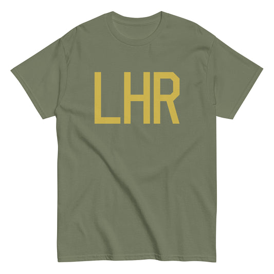 LHR London Men's T-Shirt • Air Force Lettering in Old Gold • YHM Designs - Image 02