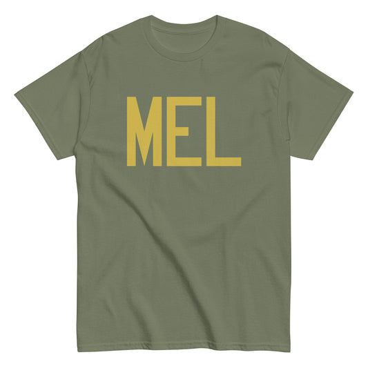MEL Melbourne Men's T-Shirt • Air Force Lettering in Old Gold • YHM Designs - Image 02