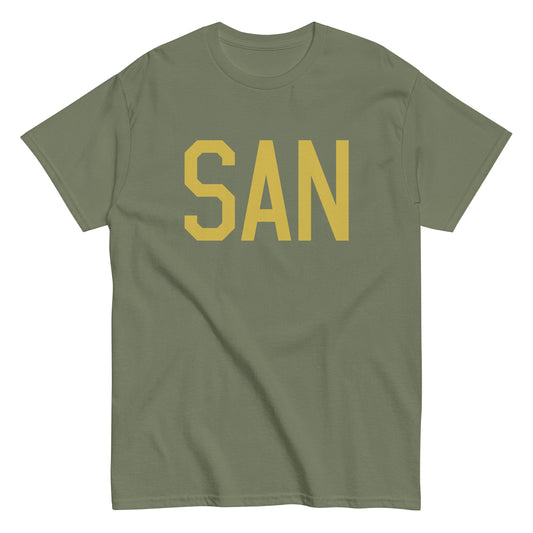 SAN San Diego Men's T-Shirt • Air Force Lettering in Old Gold • YHM Designs - Image 02