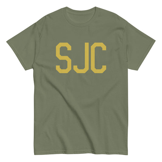SJC San Jose Men's T-Shirt • Air Force Lettering in Old Gold • YHM Designs - Image 02