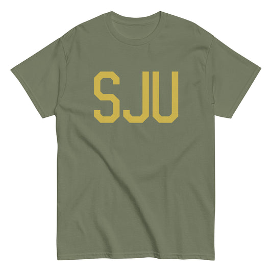 SJU San Juan Men's T-Shirt • Air Force Lettering in Old Gold • YHM Designs - Image 02
