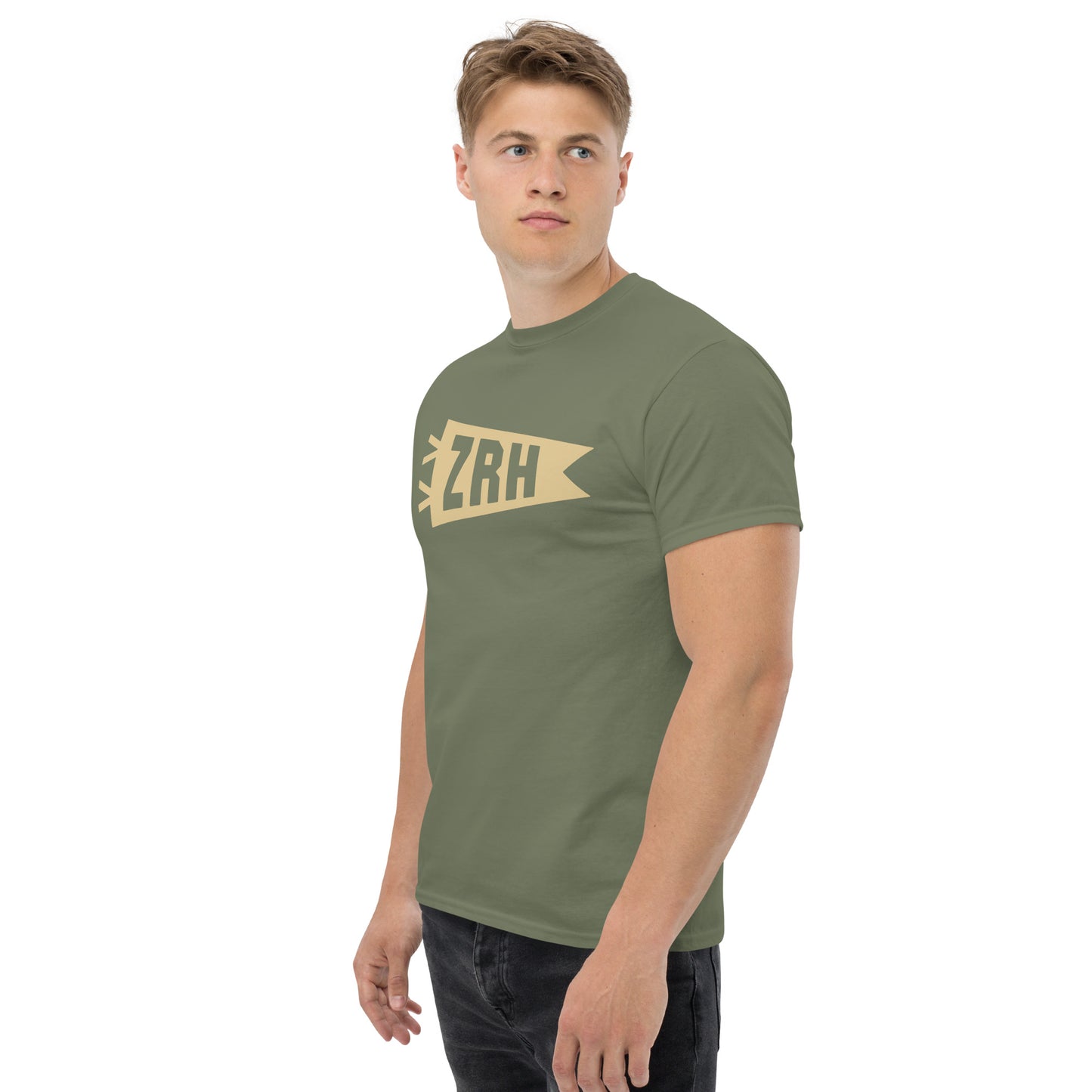 ZRH Zurich Men's T-Shirt • Banner Design in Light Brown • YHM Designs - Image 05