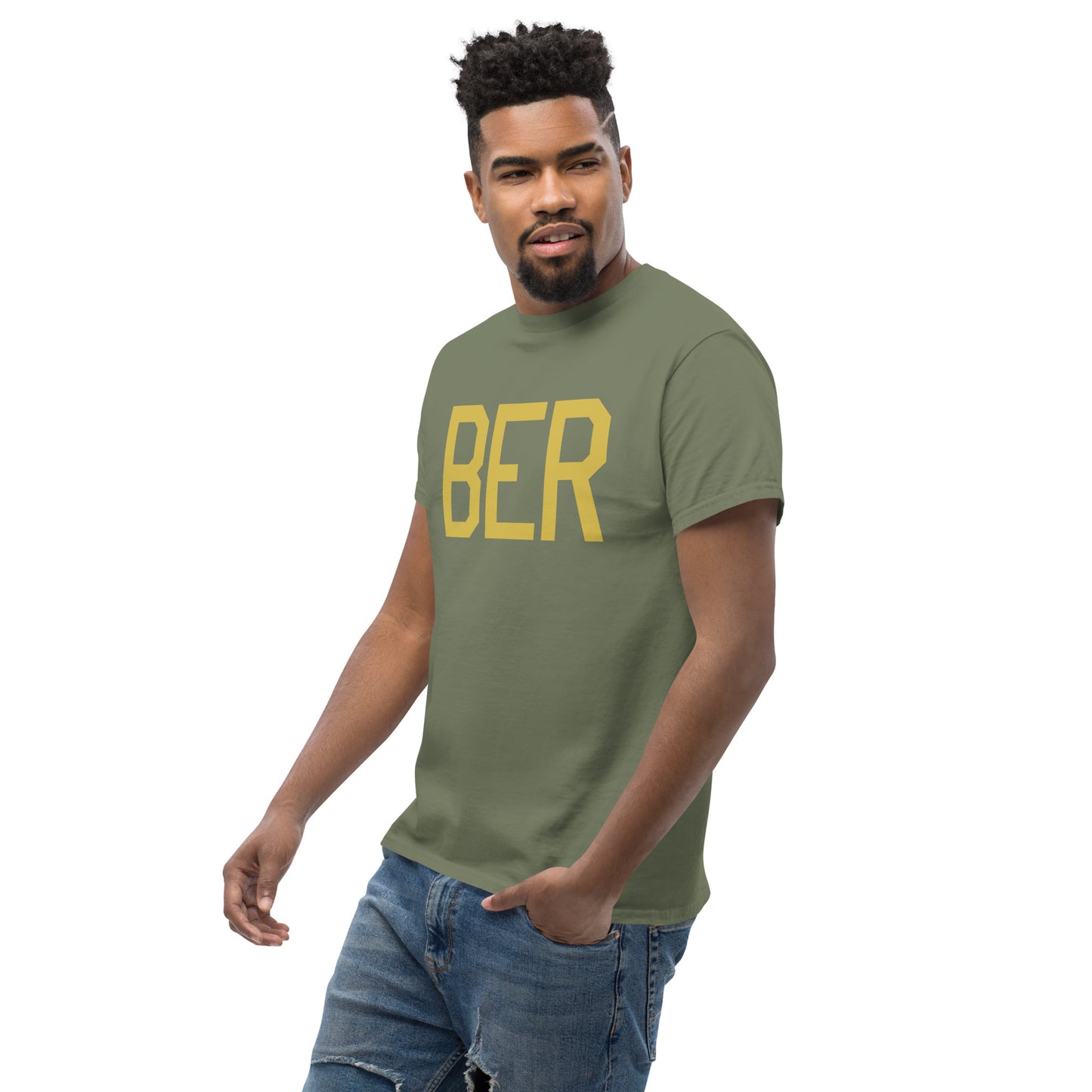 BER Berlin Men's T-Shirt • Air Force Lettering in Old Gold • YHM Designs - Image 06