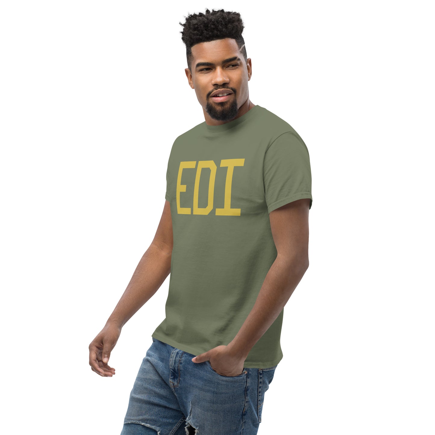 EDI Edinburgh Men's T-Shirt • Air Force Lettering in Old Gold • YHM Designs - Image 07