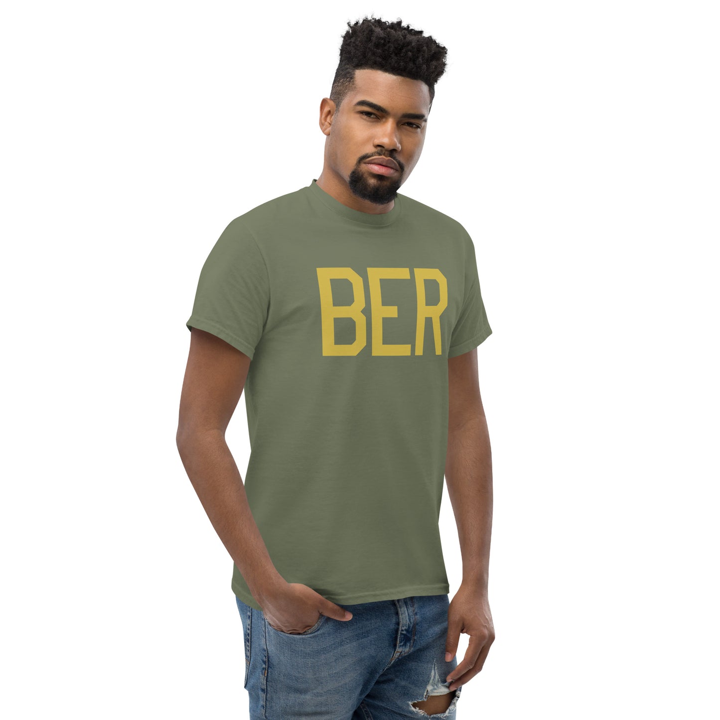 BER Berlin Men's T-Shirt • Air Force Lettering in Old Gold • YHM Designs - Image 08