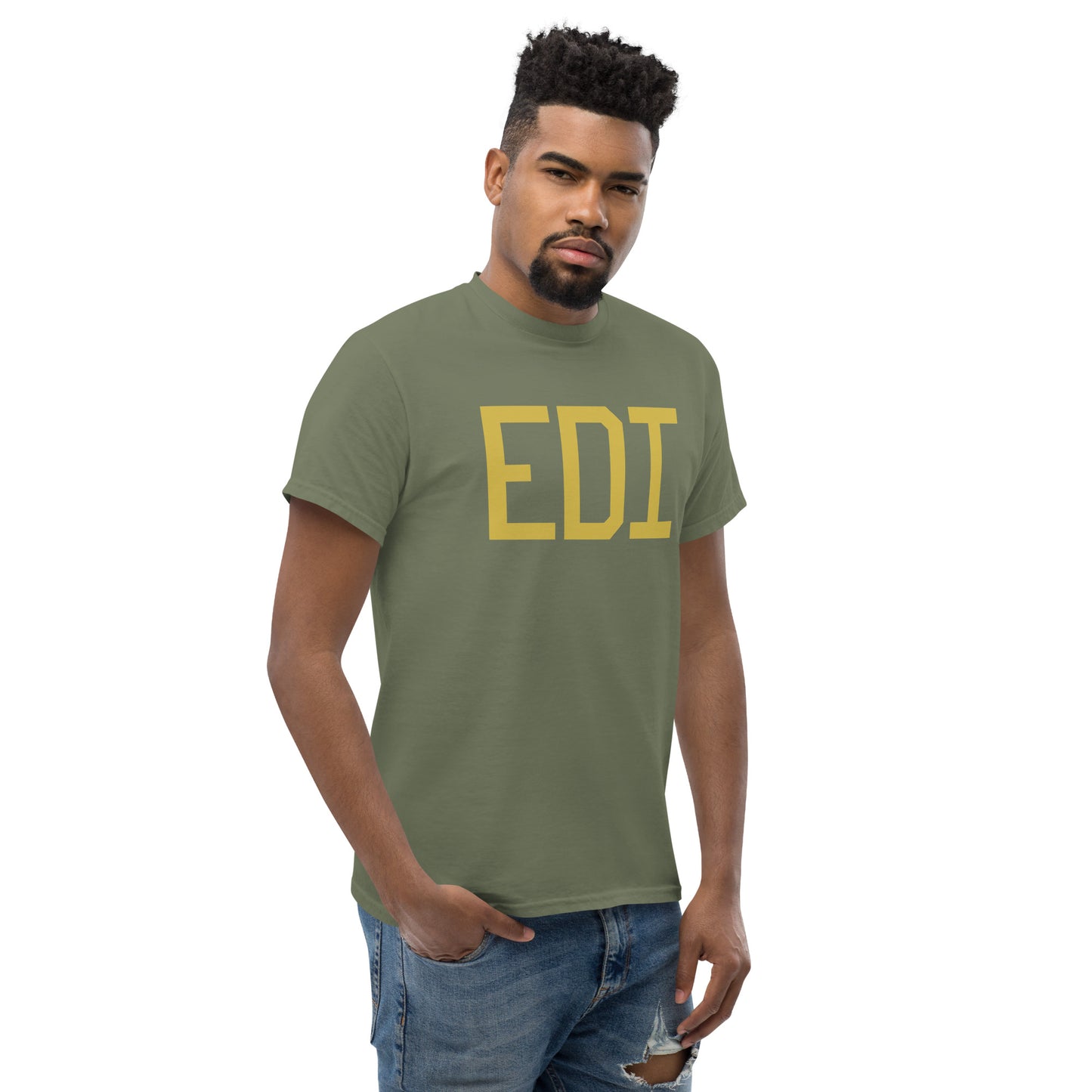 EDI Edinburgh Men's T-Shirt • Air Force Lettering in Old Gold • YHM Designs - Image 08