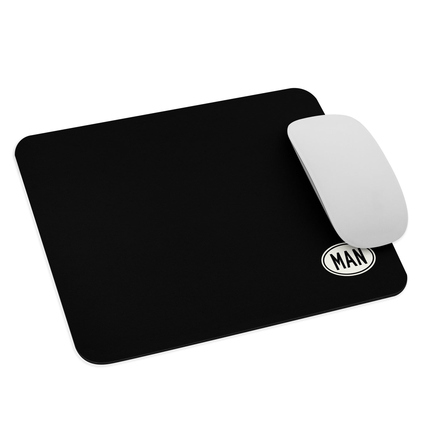 MAN Manchester Mouse Pad • Black with Oval Car Sticker Design • YHM Designs - Image 03