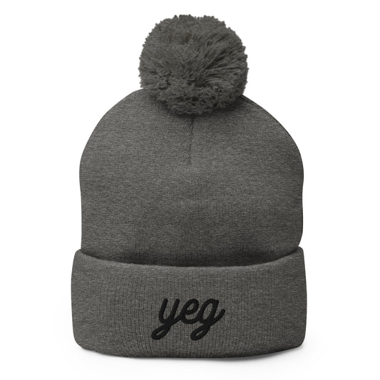 YEG Edmonton Pom-Pom Beanie • Vintage Script Lettering in Black • YHM Designs - Image 02