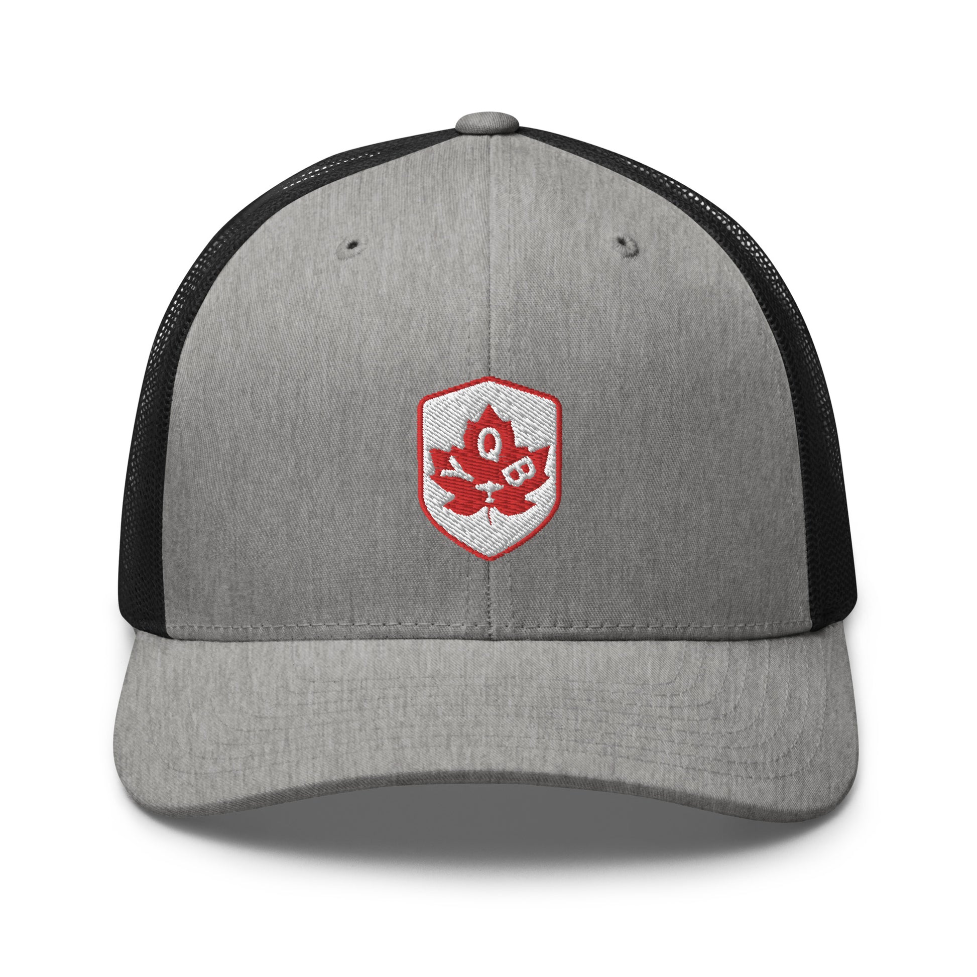 YQB Quebec City Trucker Hat • Maple Leaf Shield Design - Red & White • YHM Designs - Image 02
