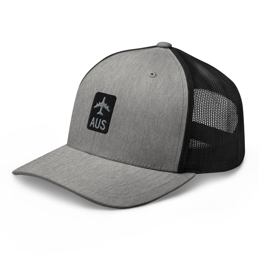 Retro Jetliner Trucker Hat • Black and Grey • AUS Austin Souvenir • YHM Designs - Image 01