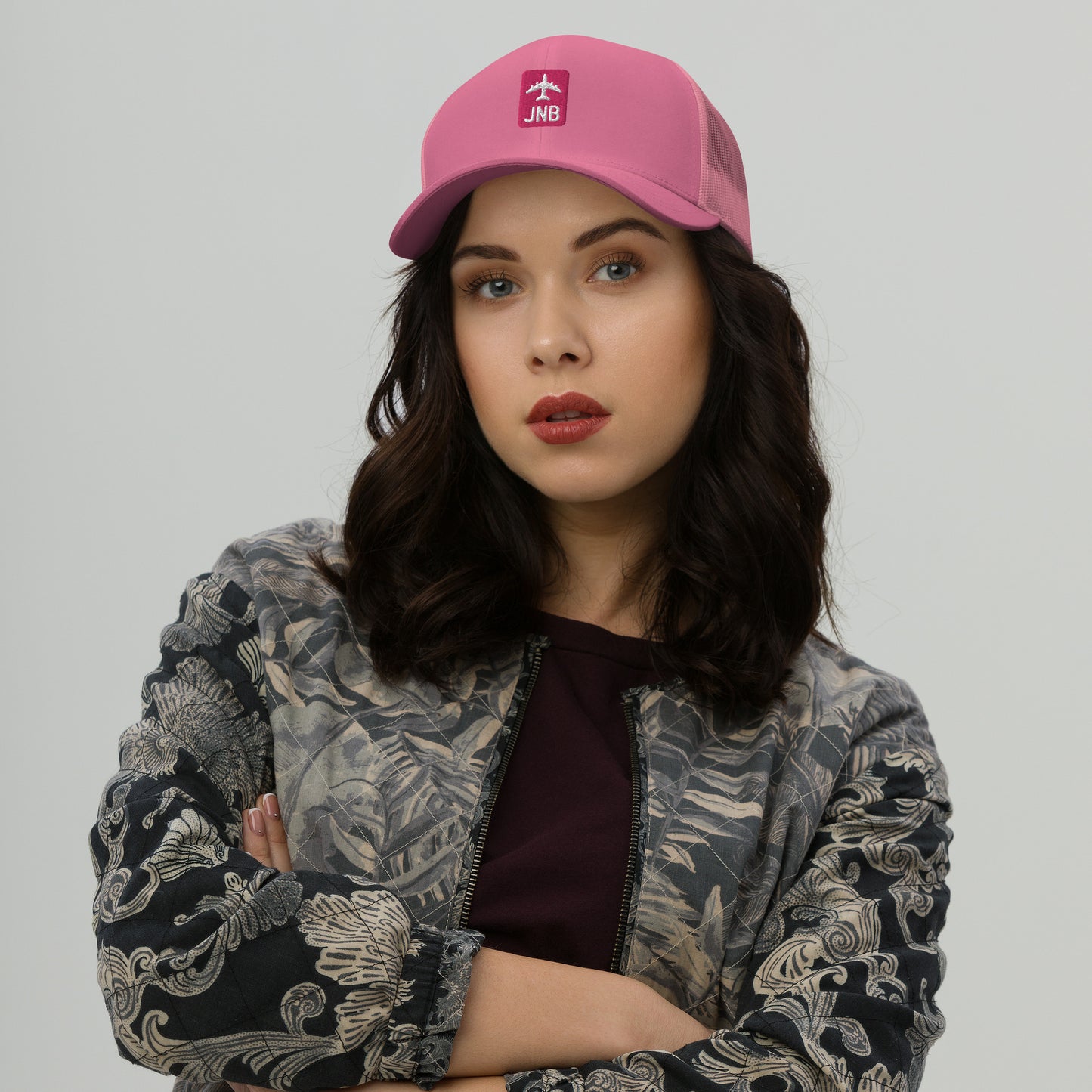 Retro Jetliner Trucker Hat • Pink and White • JNB Johannesburg • YHM Designs - Image 02