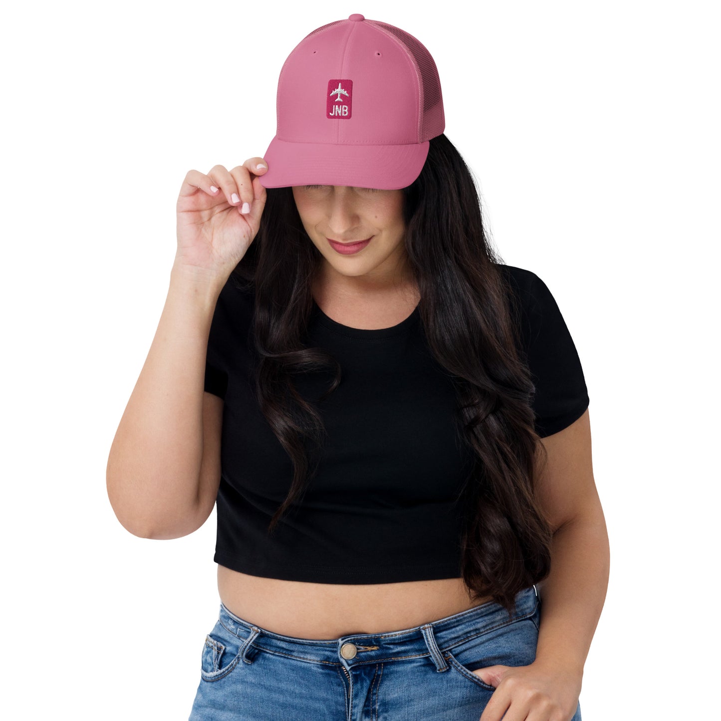 Retro Jetliner Trucker Hat • Pink and White • JNB Johannesburg • YHM Designs - Image 04