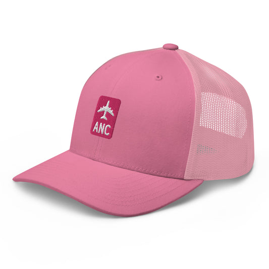 Retro Jetliner Trucker Hat • Pink and White • ANC Anchorage Souvenir • YHM Designs - Image 01