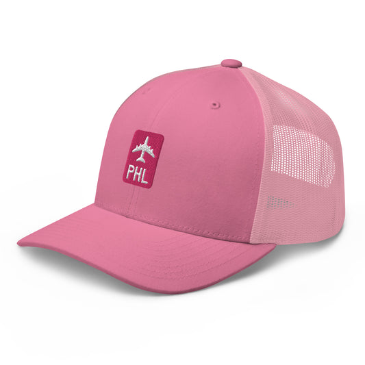 Retro Jetliner Trucker Hat • Pink and White • PHL Philadelphia Souvenir • YHM Designs - Image 01