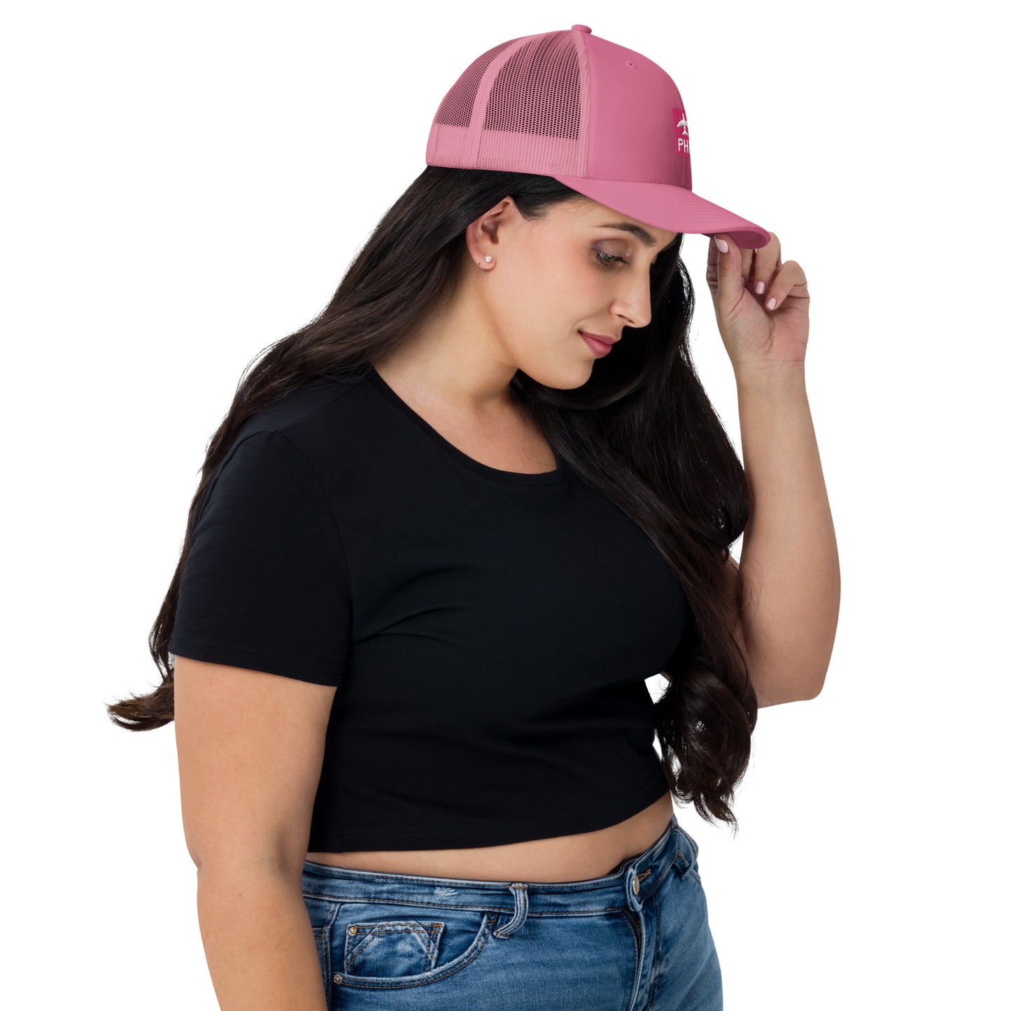 Retro Jetliner Trucker Hat • Pink and White • PHL Philadelphia • YHM Designs - Image 03