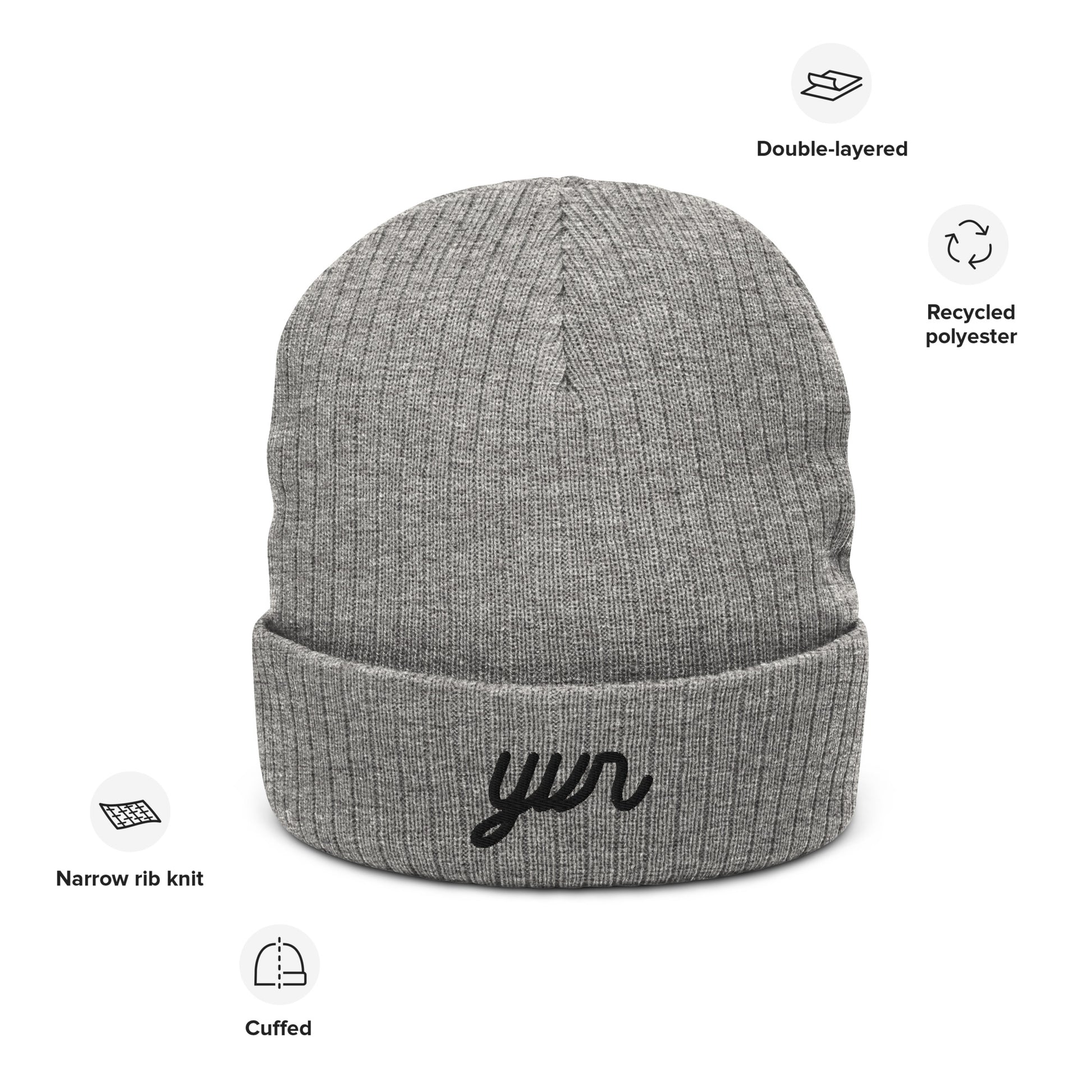 YVR Vancouver Recycled Cuffed Beanie • Vintage Script Lettering in Black • YHM Designs - Image 04