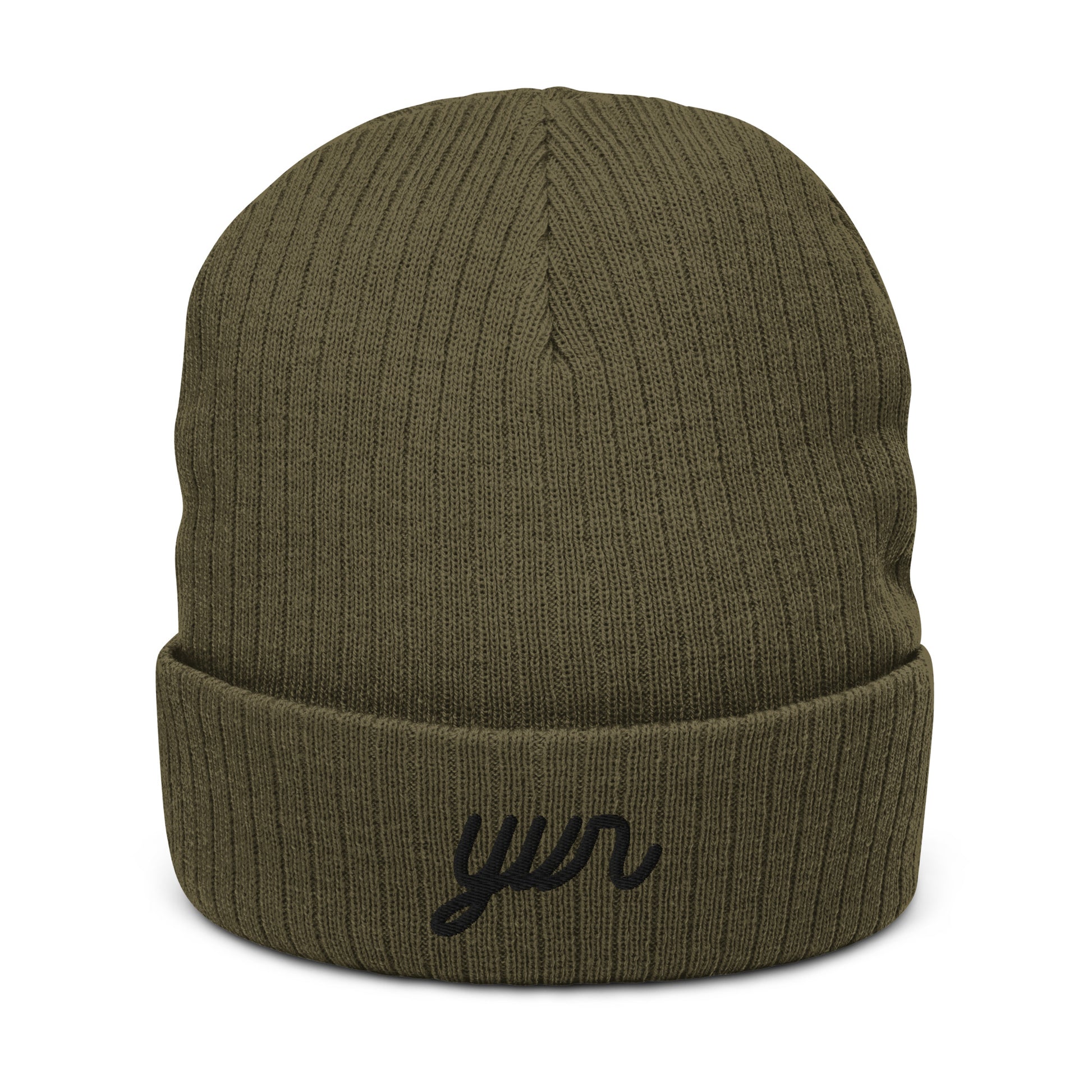 YVR Vancouver Recycled Cuffed Beanie • Vintage Script Lettering in Black • YHM Designs - Image 01