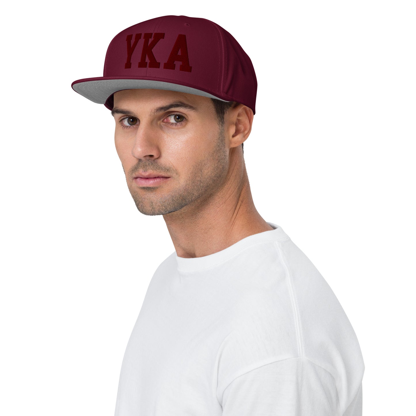College-Style Wool-Blend Snapback Hat • Maroon • YKA Kamloops • YHM Designs - Image 03