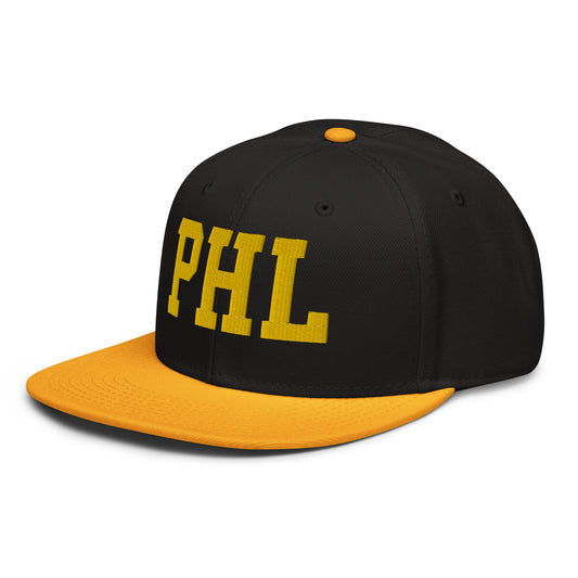 College-Style Wool-Blend Snapback Hat • Gold • PHL Philadelphia • YHM Designs - Image 01