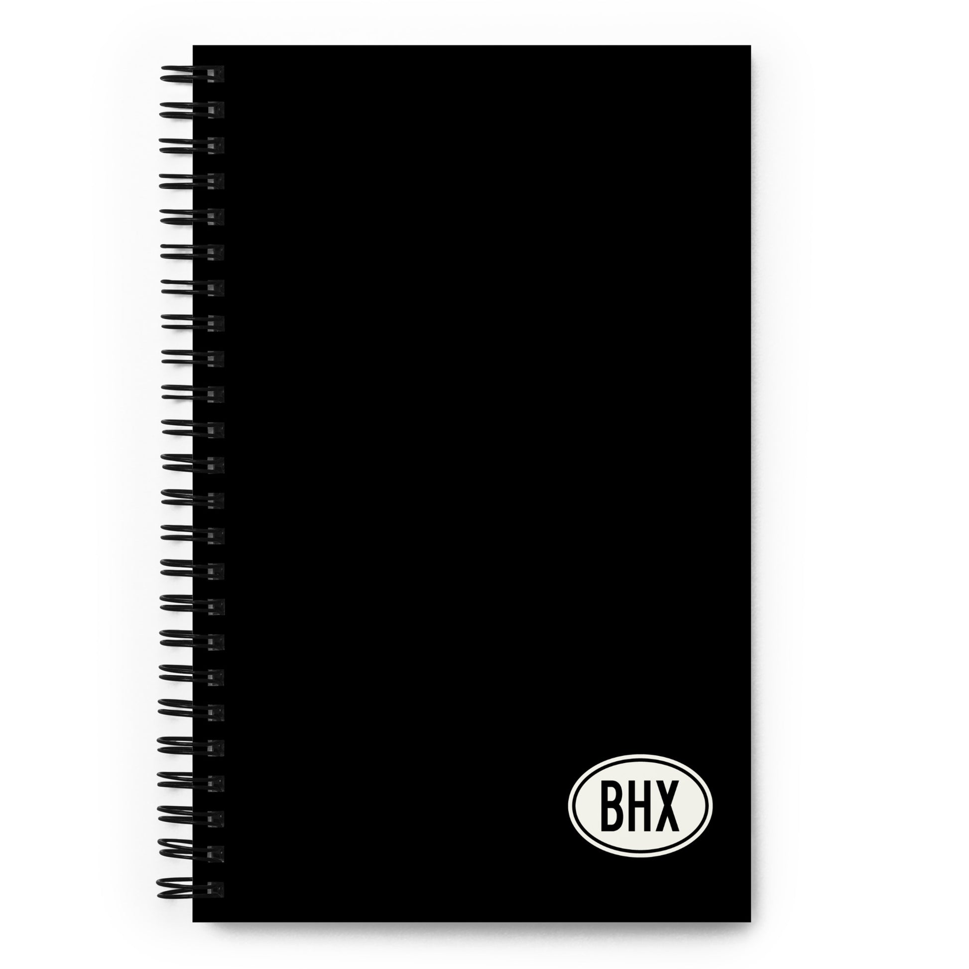 BHX Birmingham Spiral Notebook • Black with Oval Car Sticker Design • YHM Designs - Image 01