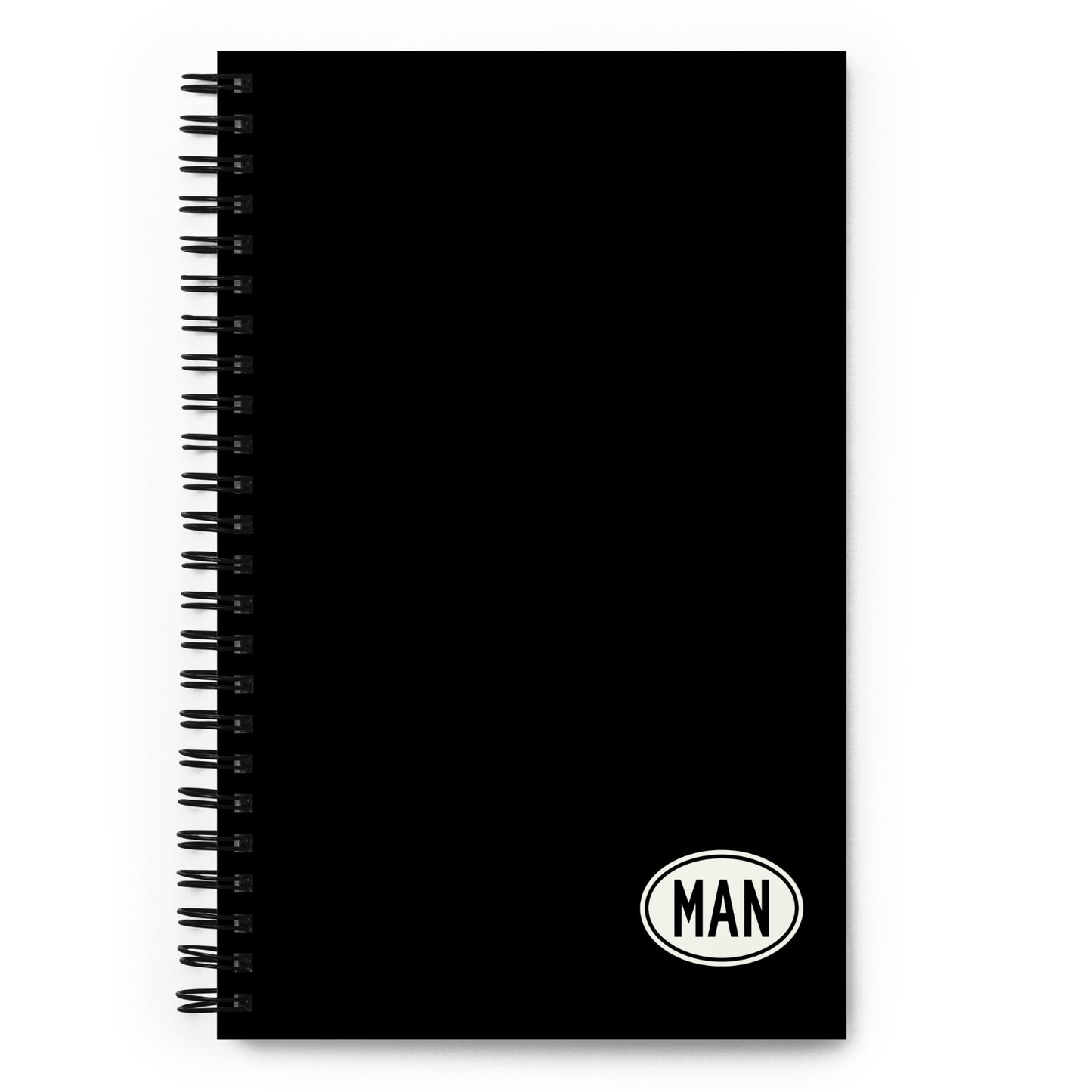 MAN Manchester Spiral Notebook • Black with Oval Car Sticker Design • YHM Designs - Image 01
