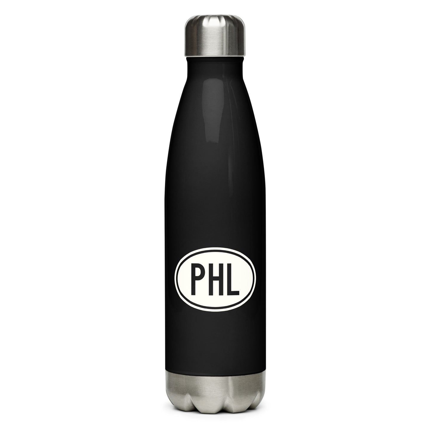PHL Philadelphia Water Bottle • Black with Oval Car Sticker Design • YHM Designs - Image 01