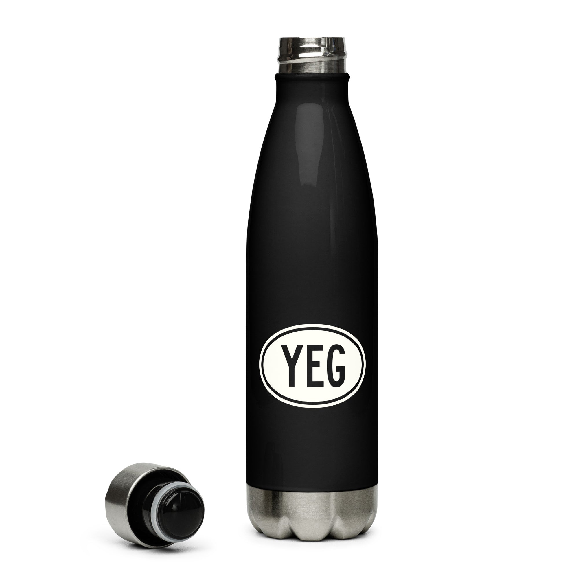 YEG Edmonton Water Bottle • Black with Oval Car Sticker Design • YHM Designs - Image 03